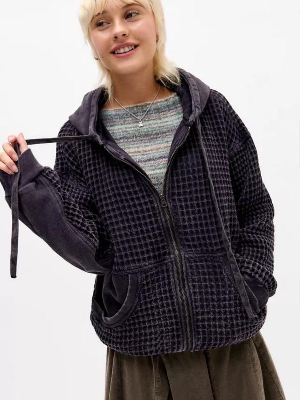 🖤 BDG Field Day Waffle Knit Zip-Up Hoodie Charcoal Gray Small NWOT